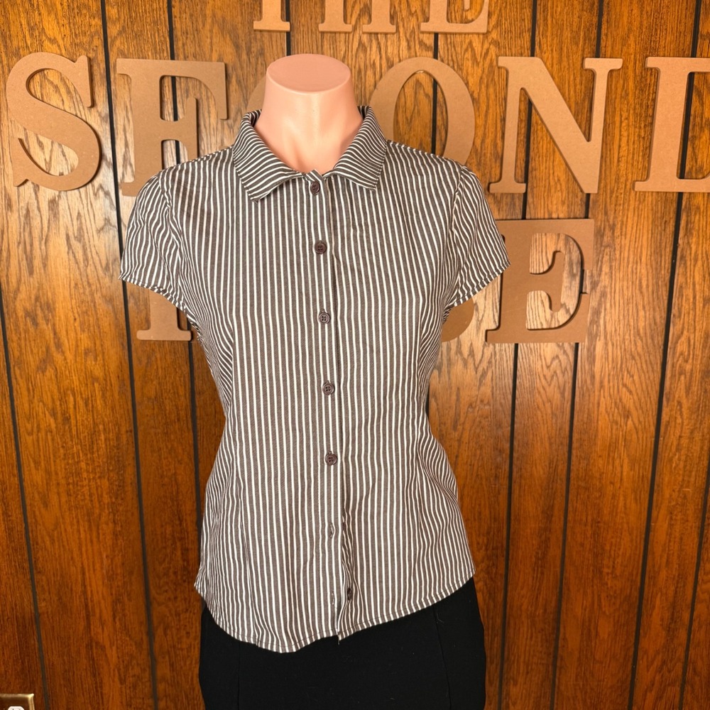 Faded Rose Button Up Shirt Womens Medium Brown Striped Y2K Office Siren Tie Back
